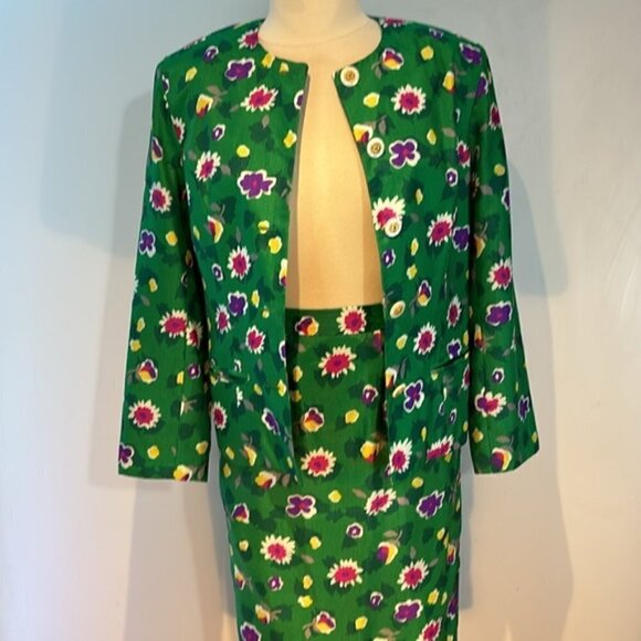 Vintage Lissa Allen Kelly green floral skirt and jacket suit set size 8 - Picture 1 of 15